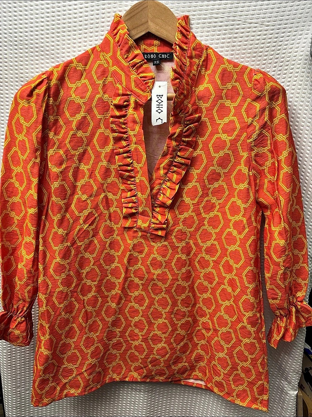 Boho Chic C-Neck Pleat Back Blouse Red & Yellow XS